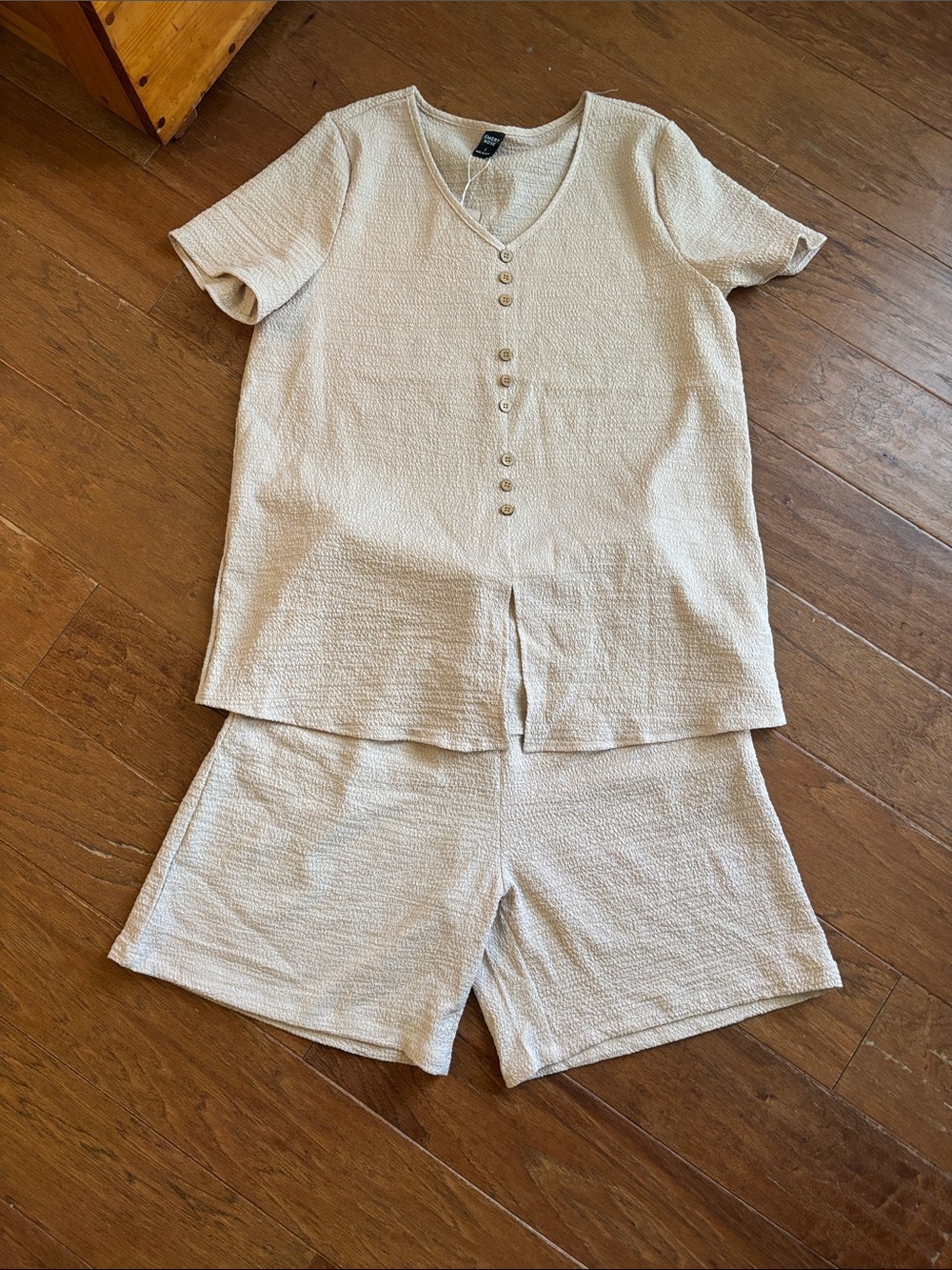 Emery Rose Beige Short Sleeve Button-Front Top & Shorts Set